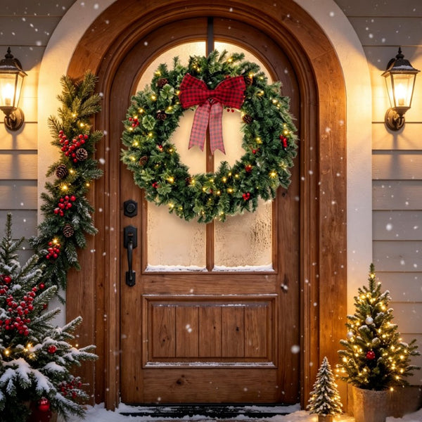 English Elm 36 Inch Prelit Spruce Holiday Wreath with Plaid Bow LED Lights and Winter Accents T3971P589529