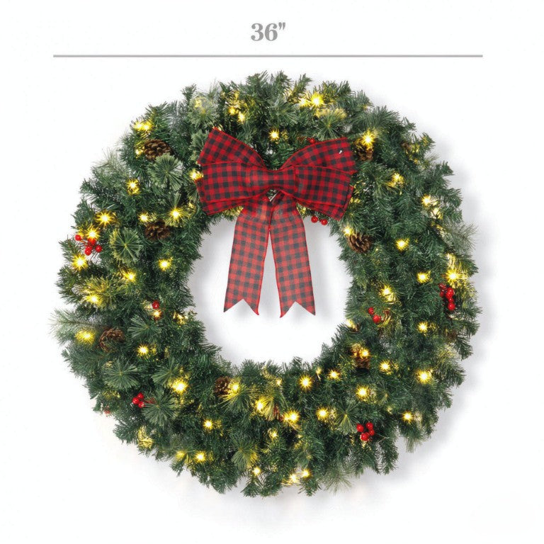 English Elm 36 Inch Prelit Spruce Holiday Wreath with Plaid Bow LED Lights and Winter Accents T3971P589529
