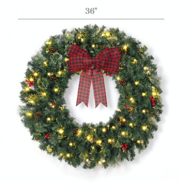 English Elm 36 Inch Prelit Spruce Holiday Wreath with Plaid Bow LED Lights and Winter Accents T3971P589529