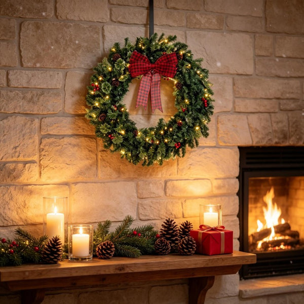 English Elm 36 Inch Prelit Spruce Holiday Wreath with Plaid Bow LED Lights and Winter Accents T3971P589529