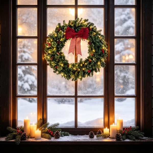 English Elm 36 Inch Prelit Spruce Holiday Wreath with Plaid Bow LED Lights and Winter Accents T3971P589529