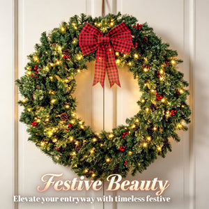 English Elm 36 Inch Prelit Spruce Holiday Wreath with Plaid Bow LED Lights and Winter Accents T3971P589529