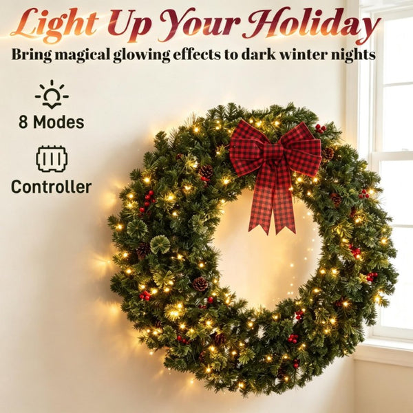 English Elm 36 Inch Prelit Spruce Holiday Wreath with Plaid Bow LED Lights and Winter Accents T3971P589529