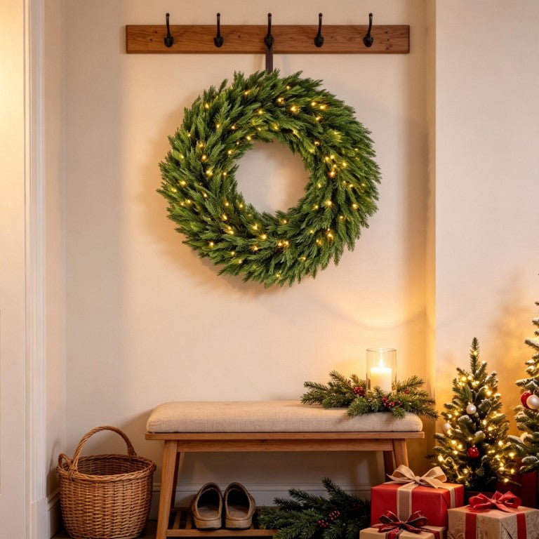 English Elm 36 Inch Pre-Lit Norwegian Spruce PE Wreath with Warm White LEDs for Front Door T3971P589551
