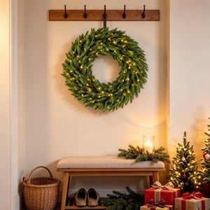 English Elm 36 Inch Pre-Lit Norwegian Spruce PE Wreath with Warm White LEDs for Front Door T3971P589551