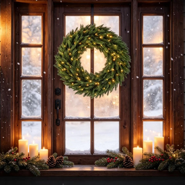 English Elm 36 Inch Pre-Lit Norwegian Spruce PE Wreath with Warm White LEDs for Front Door T3971P589551