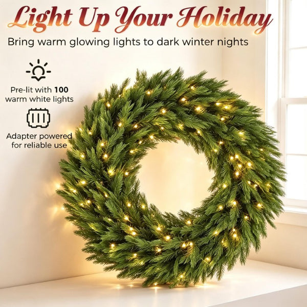 English Elm 36 Inch Pre-Lit Norwegian Spruce PE Wreath with Warm White LEDs for Front Door T3971P589551
