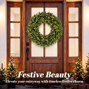 English Elm 36 Inch Pre-Lit Norwegian Spruce PE Wreath with Warm White LEDs for Front Door T3971P589551
