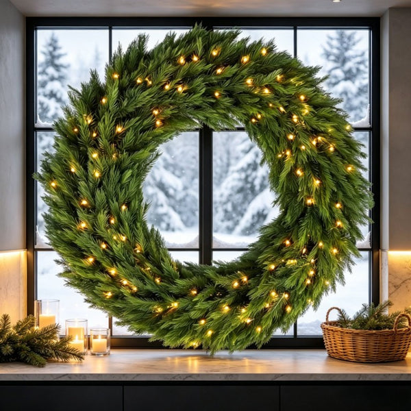 English Elm 48In Pre-Lit Norwegian Spruce Wreath with Warm White LEDs for Doors and Mantels T3971P589553