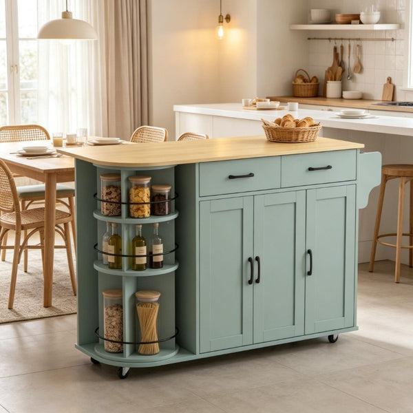 English Elm Mobile Kitchen Island Cart with Power Outlet Foldable Leaf and Rotating Spice Rack Sage Green T3971P595494