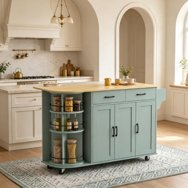 English Elm Mobile Kitchen Island Cart with Power Outlet Foldable Leaf and Rotating Spice Rack Sage Green T3971P595494
