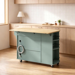 English Elm Mobile Kitchen Island Cart with Power Outlet Foldable Leaf and Rotating Spice Rack Sage Green T3971P595494