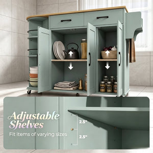 English Elm Mobile Kitchen Island Cart with Power Outlet Foldable Leaf and Rotating Spice Rack Sage Green T3971P595494