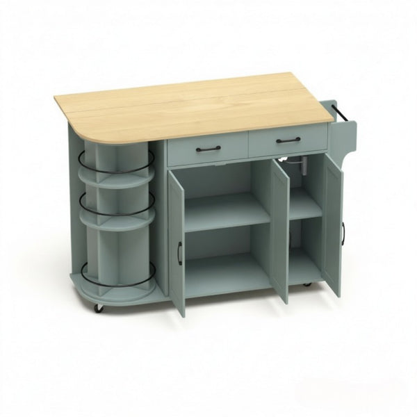 English Elm Mobile Kitchen Island Cart with Power Outlet Foldable Leaf and Rotating Spice Rack Sage Green T3971P595494