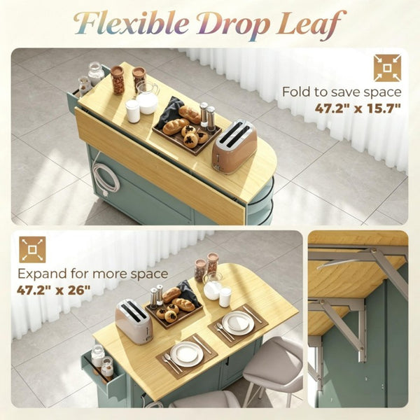 English Elm Mobile Kitchen Island Cart with Power Outlet Foldable Leaf and Rotating Spice Rack Sage Green T3971P595494