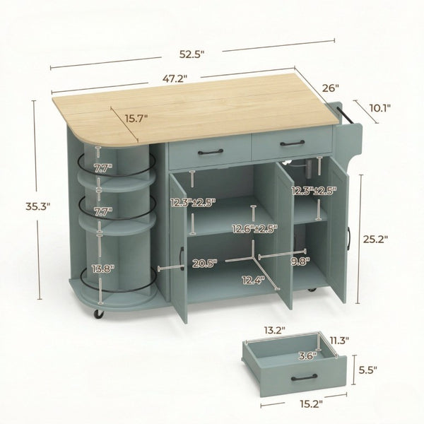 English Elm Mobile Kitchen Island Cart with Power Outlet Foldable Leaf and Rotating Spice Rack Sage Green T3971P595494