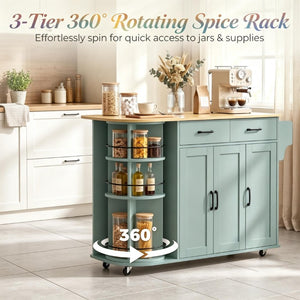 English Elm Mobile Kitchen Island Cart with Power Outlet Foldable Leaf and Rotating Spice Rack Sage Green T3971P595494