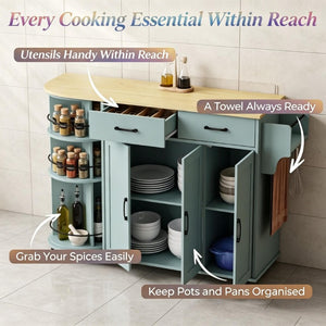 English Elm Mobile Kitchen Island Cart with Power Outlet Foldable Leaf and Rotating Spice Rack Sage Green T3971P595494