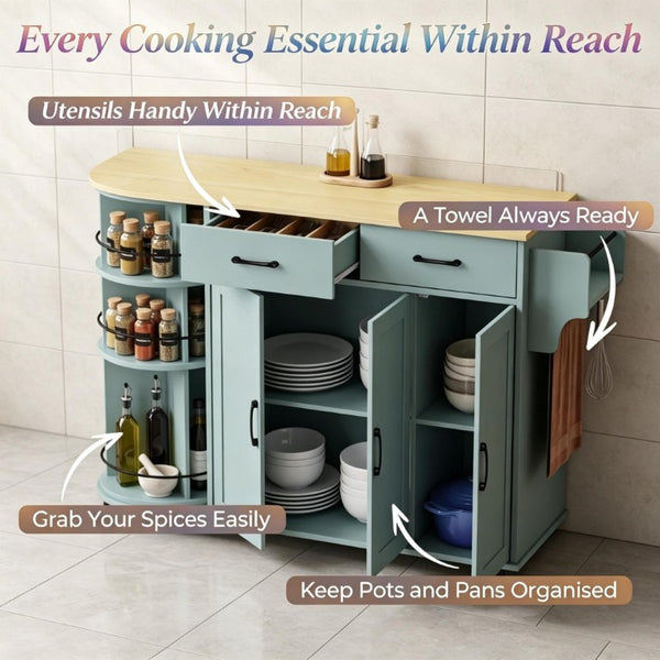 English Elm Mobile Kitchen Island Cart with Power Outlet Foldable Leaf and Rotating Spice Rack Sage Green T3971P595494