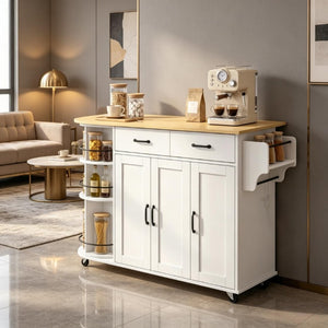 English Elm Mobile Kitchen Island Cart with Power Outlet Foldable Leaf and Rotating Spice Rack White T3971P595497