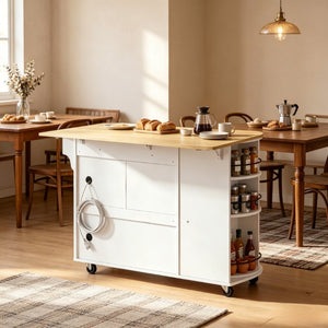 English Elm Mobile Kitchen Island Cart with Power Outlet Foldable Leaf and Rotating Spice Rack White T3971P595497
