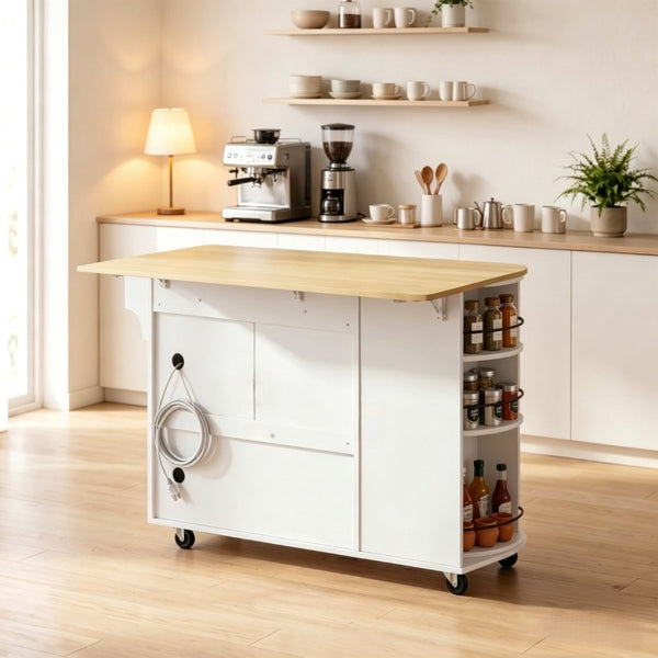 English Elm Mobile Kitchen Island Cart with Power Outlet Foldable Leaf and Rotating Spice Rack White T3971P595497