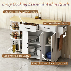 English Elm Mobile Kitchen Island Cart with Power Outlet Foldable Leaf and Rotating Spice Rack White T3971P595497