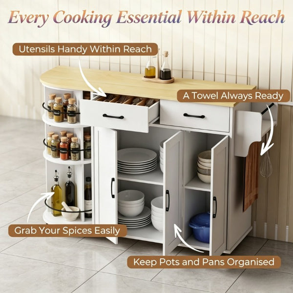 English Elm Mobile Kitchen Island Cart with Power Outlet Foldable Leaf and Rotating Spice Rack White T3971P595497