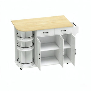 English Elm Mobile Kitchen Island Cart with Power Outlet Foldable Leaf and Rotating Spice Rack White T3971P595497