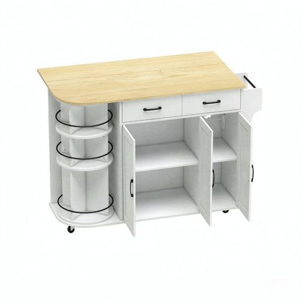 English Elm Mobile Kitchen Island Cart with Power Outlet Foldable Leaf and Rotating Spice Rack White T3971P595497