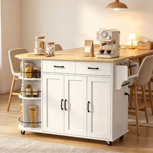 English Elm Mobile Kitchen Island Cart with Power Outlet Foldable Leaf and Rotating Spice Rack White T3971P595497