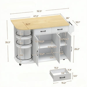 English Elm Mobile Kitchen Island Cart with Power Outlet Foldable Leaf and Rotating Spice Rack White T3971P595497