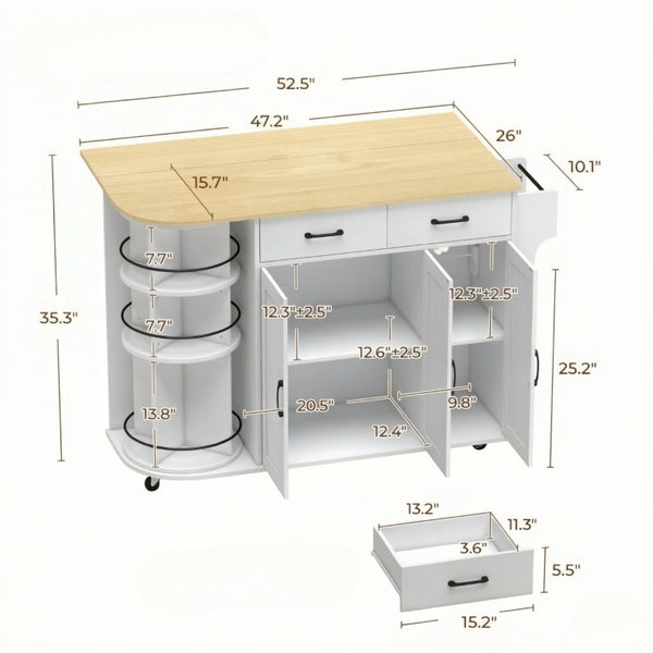 English Elm Mobile Kitchen Island Cart with Power Outlet Foldable Leaf and Rotating Spice Rack White T3971P595497