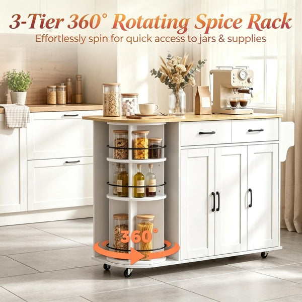 English Elm Mobile Kitchen Island Cart with Power Outlet Foldable Leaf and Rotating Spice Rack White T3971P595497