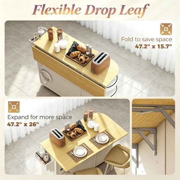 English Elm Mobile Kitchen Island Cart with Power Outlet Foldable Leaf and Rotating Spice Rack White T3971P595497