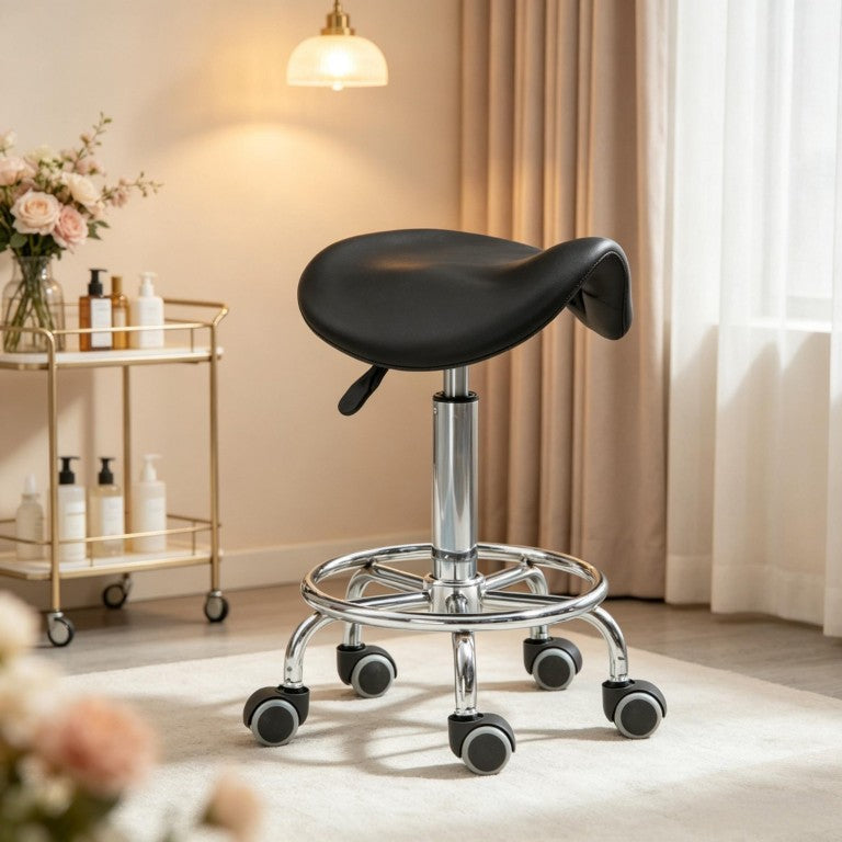 English Elm Adjustable Saddle Stool PU Leather Swivel Seat with Wheels for Salon Spa Clinic Black T3971P595513