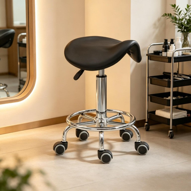 English Elm Adjustable Saddle Stool PU Leather Swivel Seat with Wheels for Salon Spa Clinic Black T3971P595513