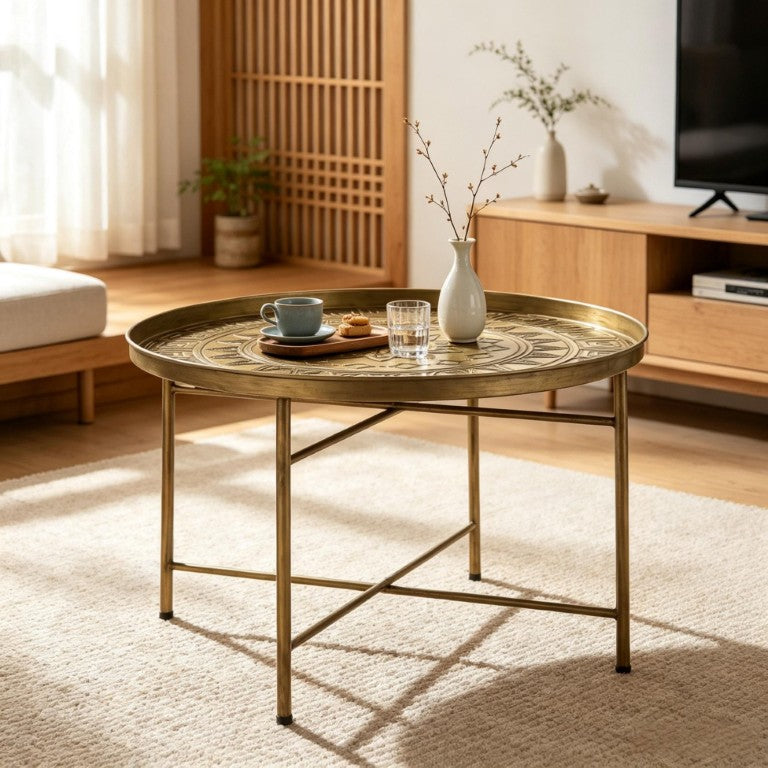 English Elm Stylish Hammered Floral Gold Metal Round Side Table for Living Room Sofa or Chair T3971P601866
