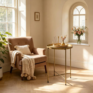 English Elm Round Gold Metal Accent Table with Hammered Floral Tray for Living Room or Bedroom T3971P601947