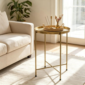 English Elm Round Gold Metal Accent Table with Hammered Floral Tray for Living Room or Bedroom T3971P601947