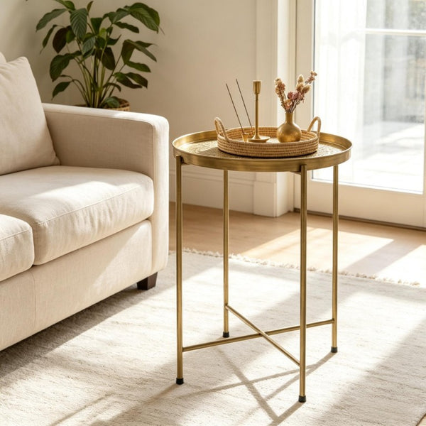 English Elm Round Gold Metal Accent Table with Hammered Floral Tray for Living Room or Bedroom T3971P601947