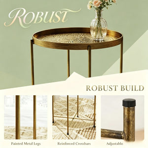 English Elm Round Gold Metal Accent Table with Hammered Floral Tray for Living Room or Bedroom T3971P601947