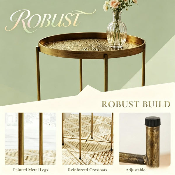 English Elm Round Gold Metal Accent Table with Hammered Floral Tray for Living Room or Bedroom T3971P601947