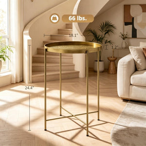 English Elm Round Gold Metal Accent Table with Hammered Floral Tray for Living Room or Bedroom T3971P601947