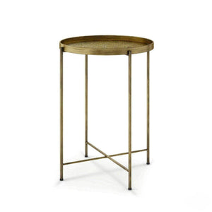English Elm Round Gold Metal Accent Table with Hammered Floral Tray for Living Room or Bedroom T3971P601947