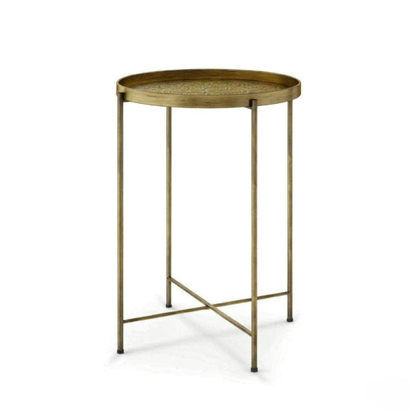 English Elm Round Gold Metal Accent Table with Hammered Floral Tray for Living Room or Bedroom T3971P601947