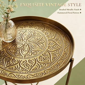 English Elm Round Gold Metal Accent Table with Hammered Floral Tray for Living Room or Bedroom T3971P601947