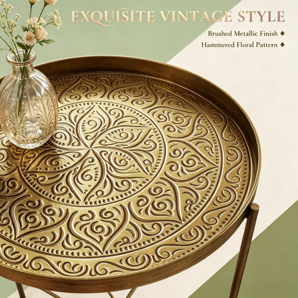 English Elm Round Gold Metal Accent Table with Hammered Floral Tray for Living Room or Bedroom T3971P601947