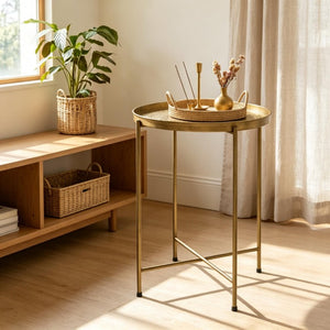 English Elm Round Gold Metal Accent Table with Hammered Floral Tray for Living Room or Bedroom T3971P601947