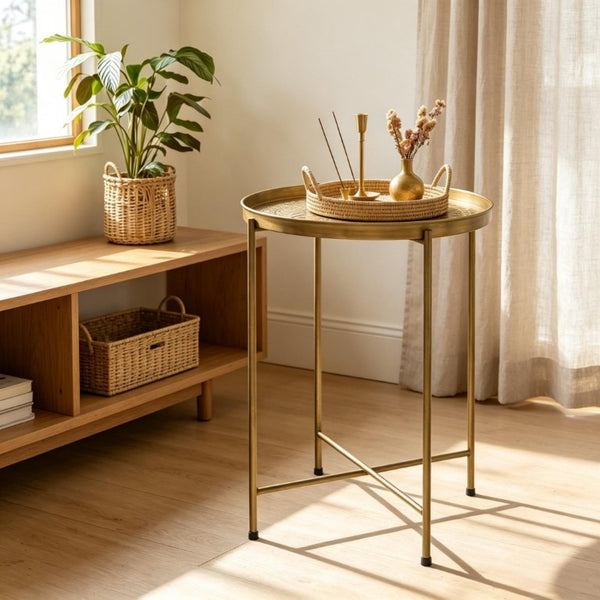 English Elm Round Gold Metal Accent Table with Hammered Floral Tray for Living Room or Bedroom T3971P601947